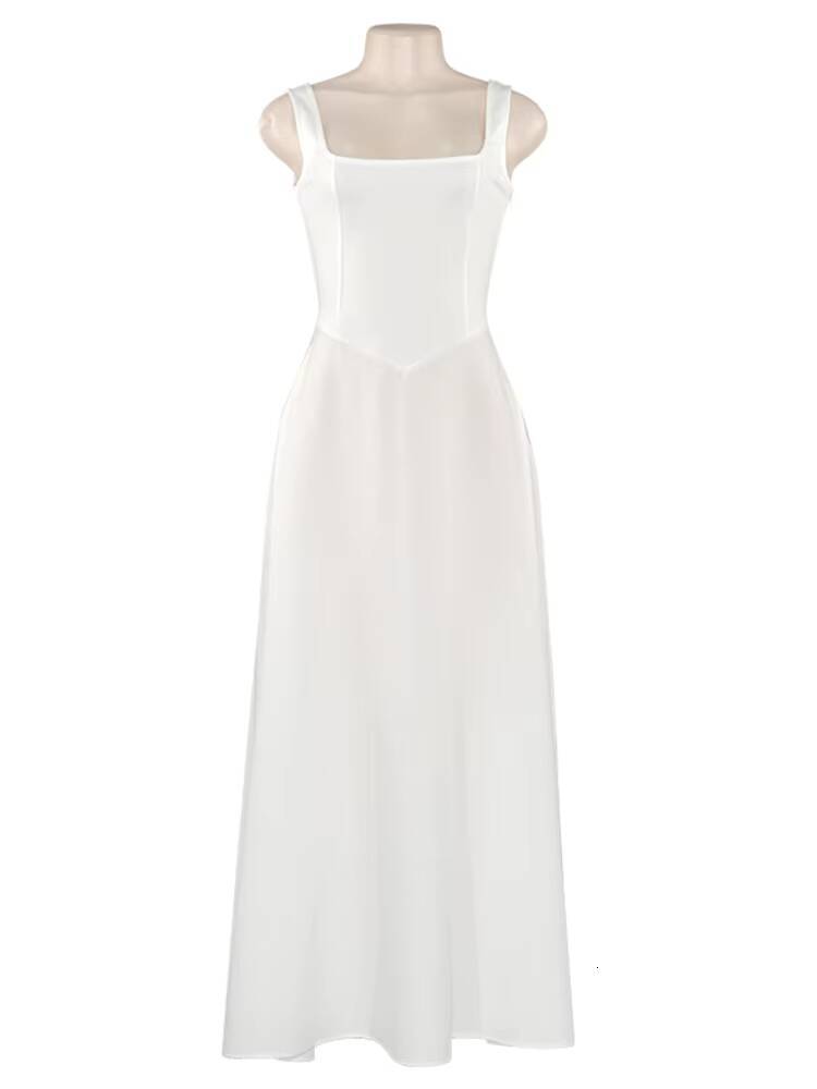 White Sleeveless Suspnder Long For Women Square Collar Fashion High Waist Sexy A-line Splice Elegant Dress dongdumaoyi