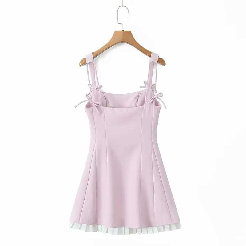YENKYE Pink Black Sexy Spaghetti Straps Dress Women Pleated Hem Patchwork A-line Slim Mini Dresses Elegant Summer Dress R250716
