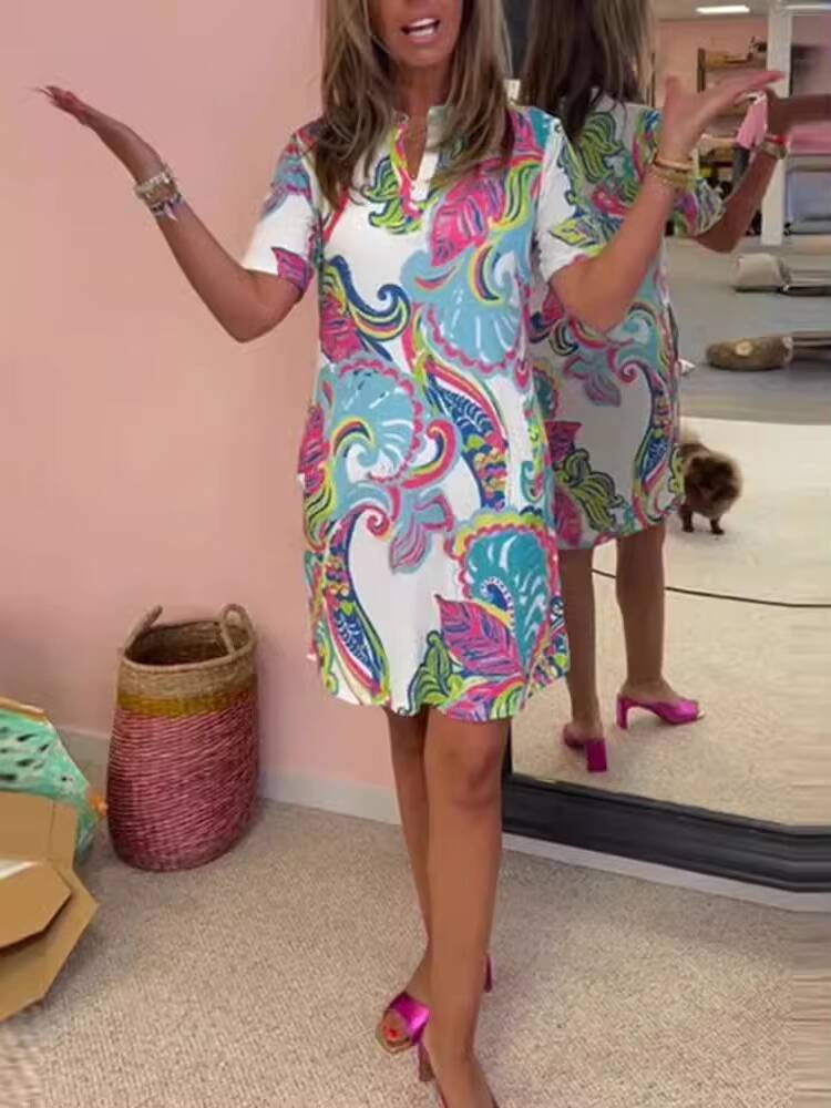 Summer Loose V-neck Short Sleeve Fashion Casual New Print Elegant Beach Party Dress Womens Clothing dongdumaoyi