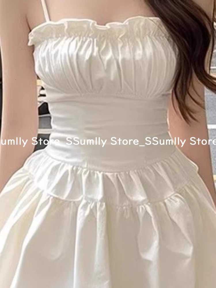 2025 Summer White Square Neck Ruffled Sling Dress Women French Slim Fit Sexy Elegant Party Clothes Korean Fashion Short Dresses R250716