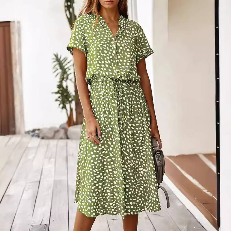 Summer Dresses for Women Polka Dot Printing With Buttons Short Sleeves Drawstring High Waist Dress Vestidos dongdumaoyi