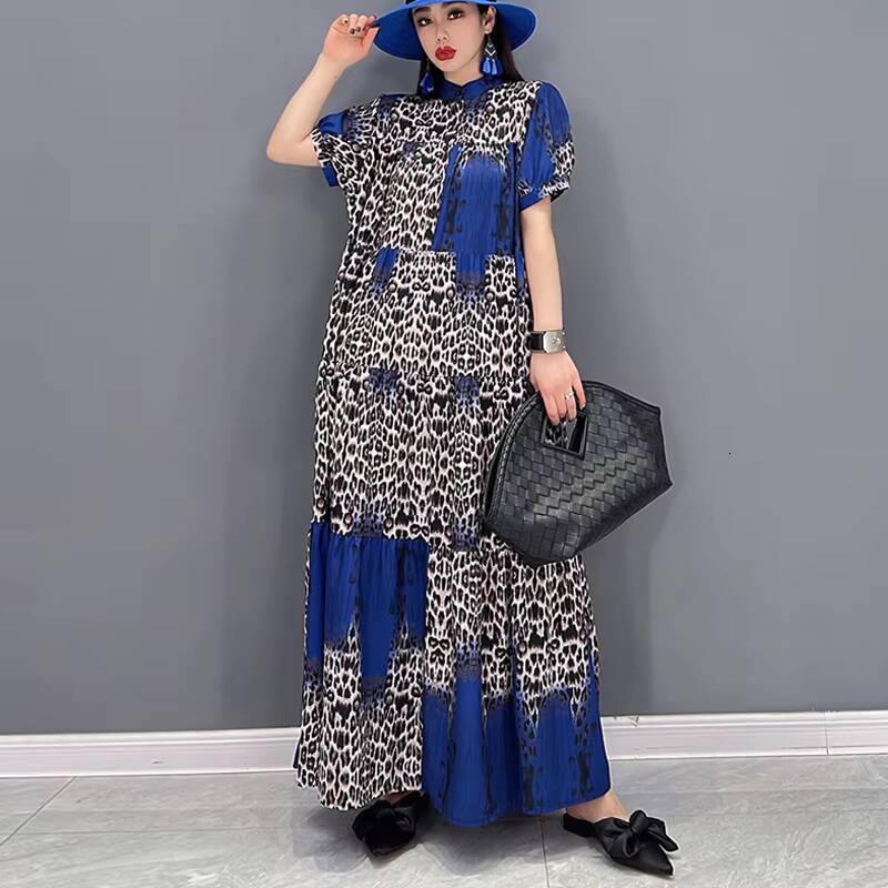 Korean Style Painting Fashion New Woman Summer Casual Loose Fit Yellow Blue Leopard Printed Long Boho Dress Robe JJXD071 dongdumaoyi