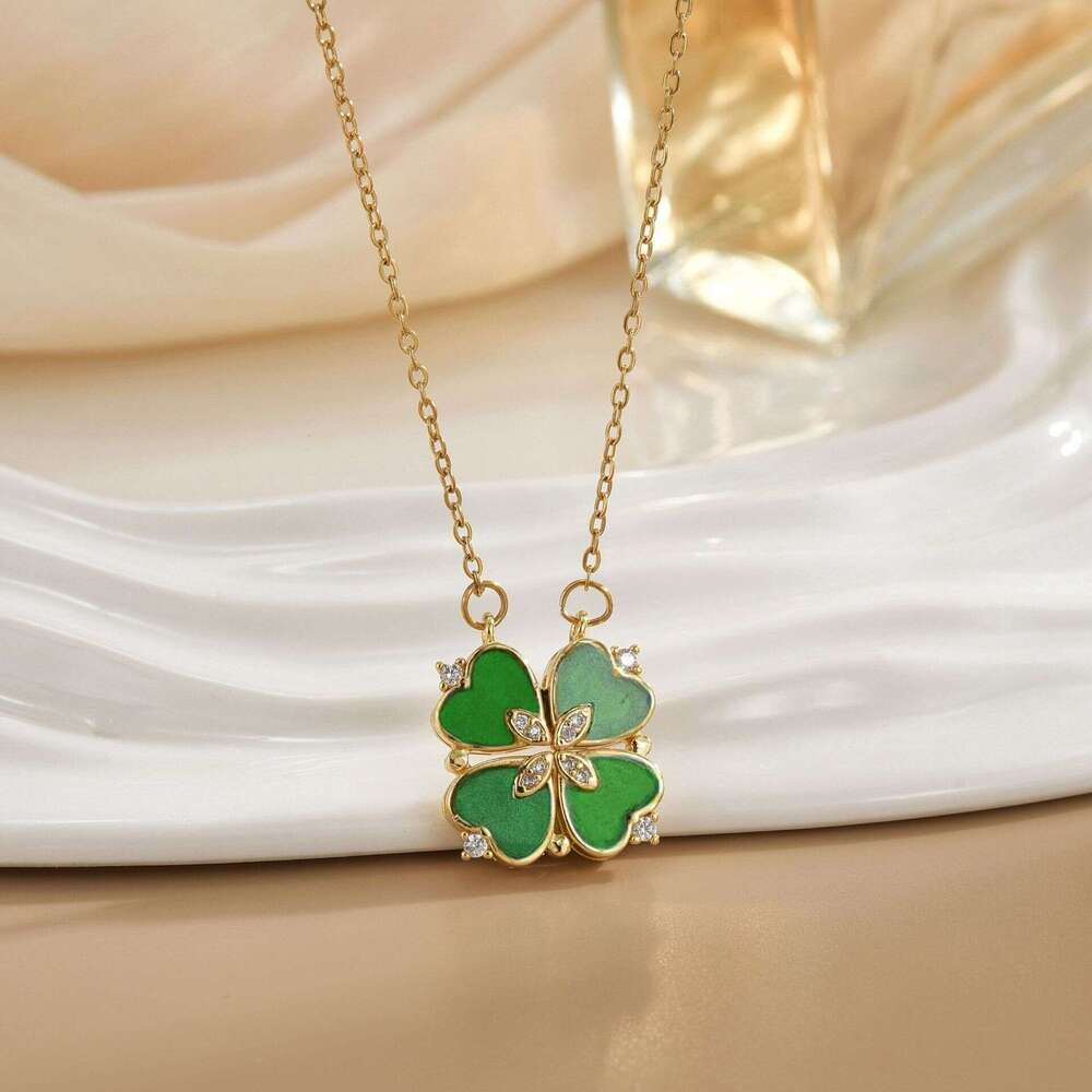 For Women Green Four-Leaf Clover Multi-Wear Heart Deformation Simple Fashionable Elegant Versatile Niche Light Necklace Jewelry 124