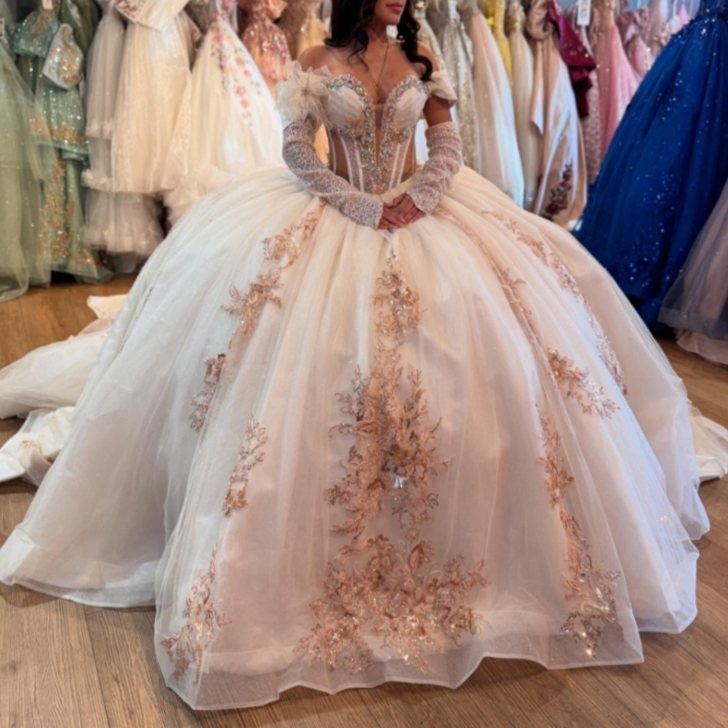 White Quinceanera Dresses Ball Gown Off The Shoulder Applique Lace Beading Crystal Bow Tull Corset Party Birthday Sweet 16 Dress Vestidos 15 Anos