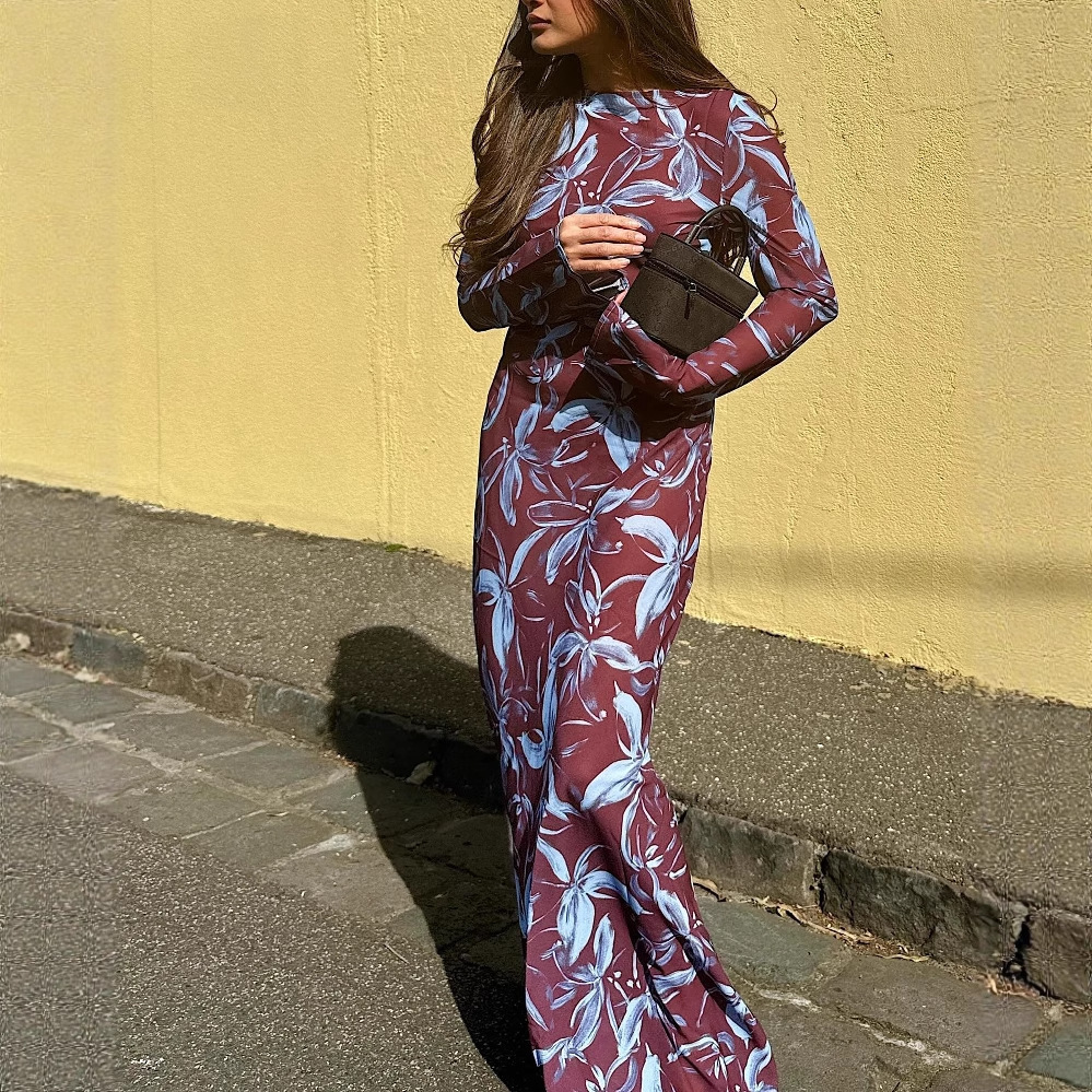2025 Cross-Border European and American Women's Fashion New Round Neck Elegant Printed Long Floor-Length Slim Dress for Women