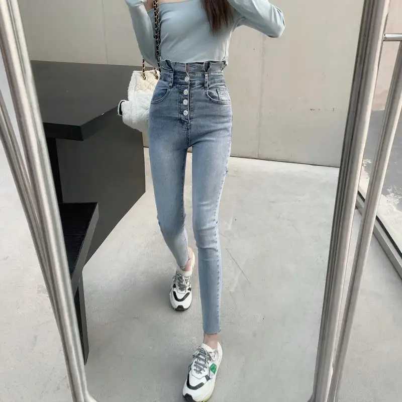 Rhinestone Buttons Woman Pencil Jeans Fashion Fitted Denim Ankle Pants for Women Spring Autumn High Waist Slim Fit Trousers R250716