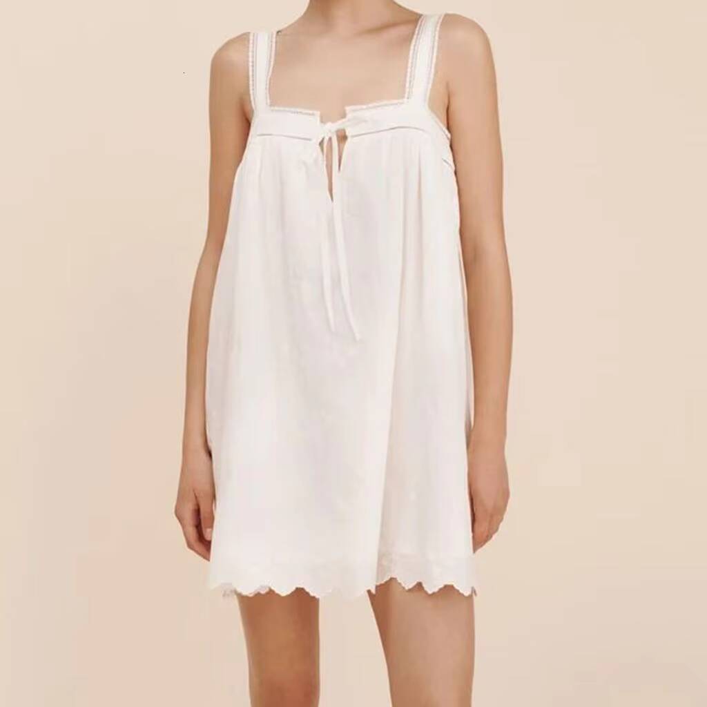 Combhasaki Women Summer Chic Fairy Y2K Front Bow Tie Hollow Out Flower Lace Irregular Hem Sleeveless Loose Short Mini Tank Dress dongdumaoyi