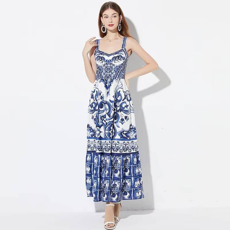 Summer French Vintage Long High-Waisted Elegant Socialite Style A- Line Ceramic Printing Waist-Length Dress dongdumaoyi