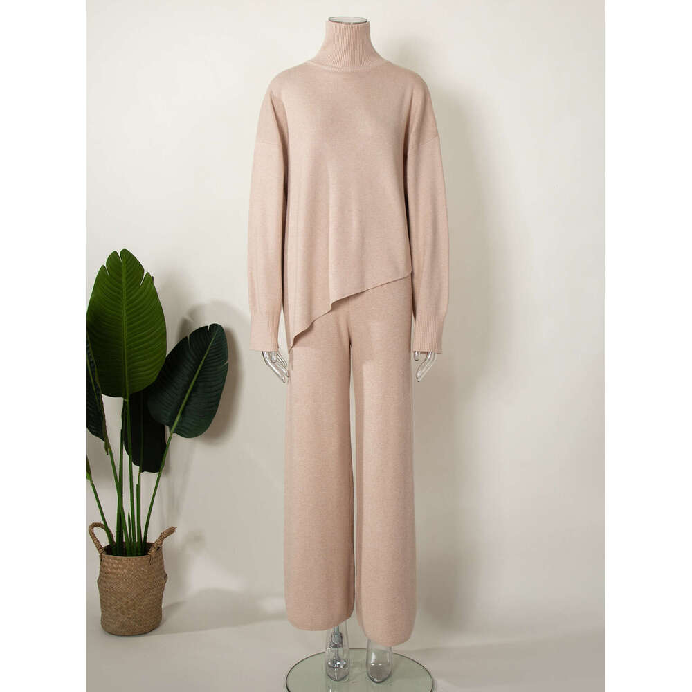 Half Turtleneck Ins Irregular Slanted Sweater + Knitted Wide-Leg Pants Two-Piece Set B5