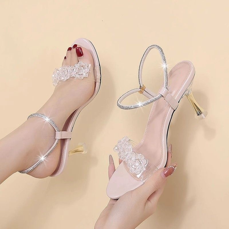 Designer sandals Two-Way Wear One-Strap Sandals 2025 New Summer Fashion Crystal Mid-Heel Fairy High Heels for Women Thin Heel