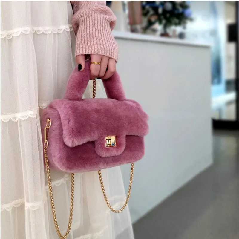 Lamb Fur Womens Small Handbag Soft Plush Womens Chain Shoulder Bag Womens Fliffy Everyday Clutch