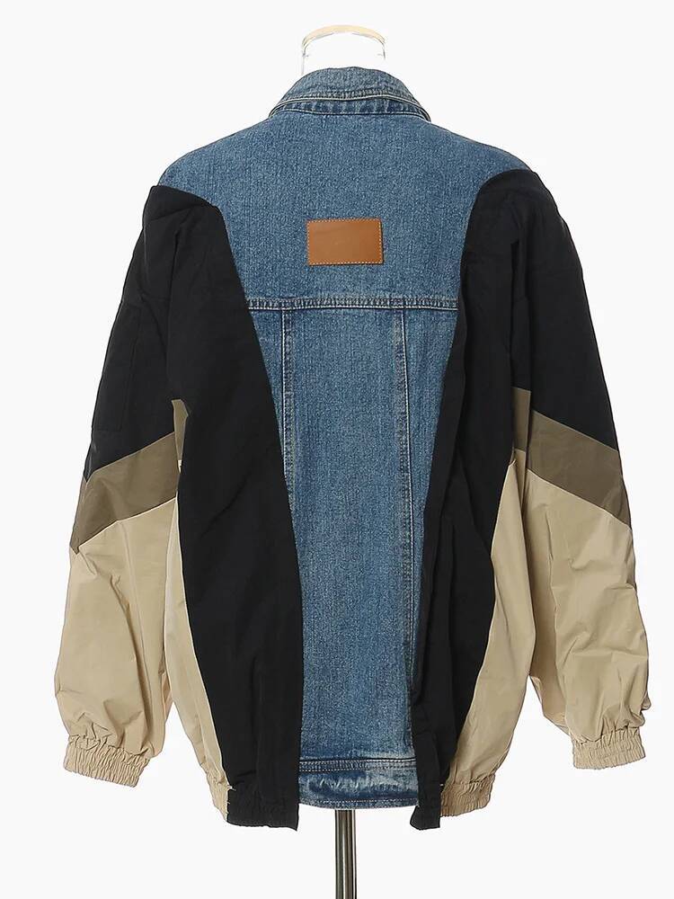 Loose Fit Blue Denim Color-Block Big Size Jacket New Lapel Long Sleeve Women Coat Fashion Tide Spring Autumn 2025 1Df1519