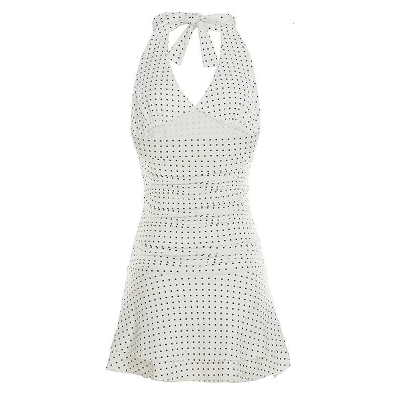 Rockmore Polka Dot Print Halter Dresses Women Sleeveless Mini Pleated Bodycon Dress Party Holiday Dating Summer Backless Sundress R250716