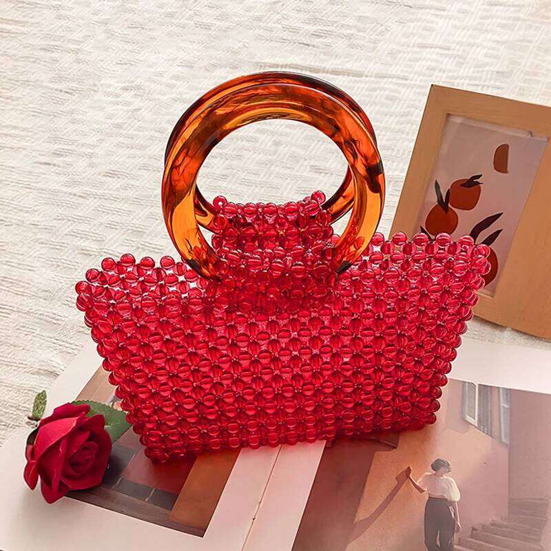 New Personalized Red Handmade Bead Woven Acrylic Fashionable And Versatile Circular Handle Handbag For Women