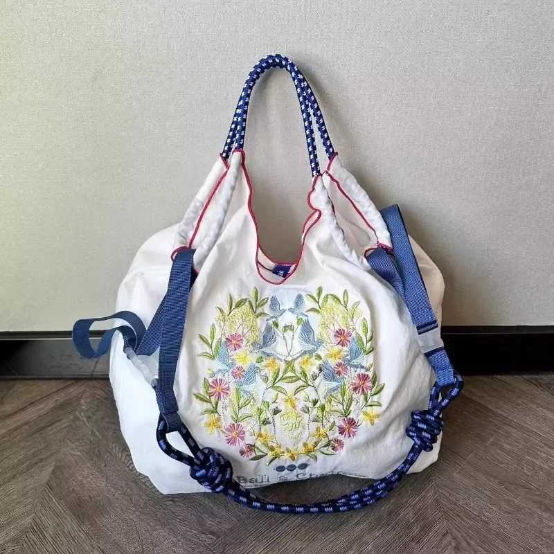 New Japanese Style Tenghua Ball Chain Embroidered Eco-friendly HandBag Nylon Diagonal Shoulder Shopping Bag Large Capacity 2024