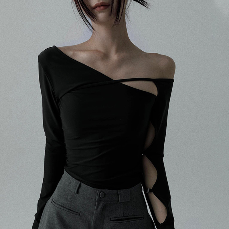 Summer New Women S T Shirt European And American Cross Border Trade Winter Design Street Style Asymmetrical Neck Hollow Out Slim Fit Long Sleeve Top F