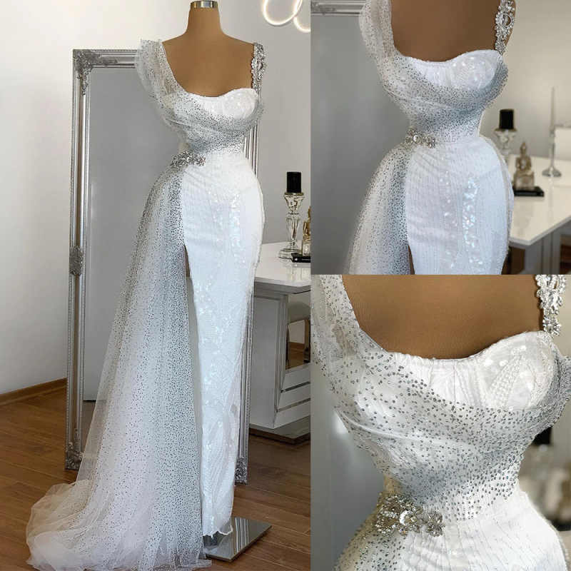 Customized Luxury Mermaid Wedding Dresses One Shoulder Lace Appliques Pearls Illusion Long Sleeves Overskirts Bridal Gowns Wedding Vestidos De Novia