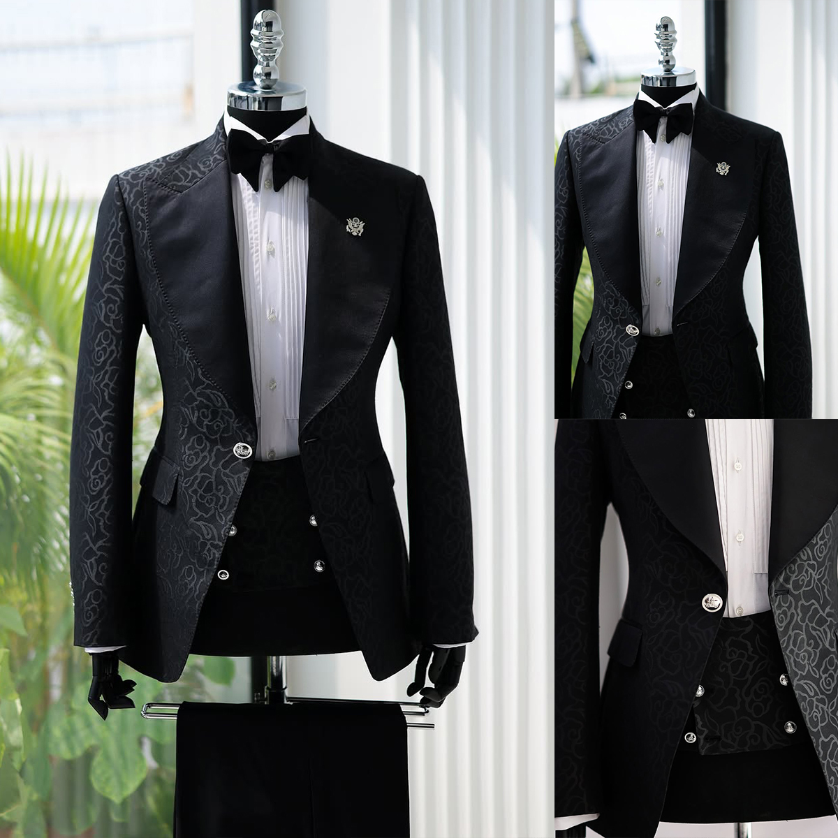 Handsome Men Suits Tailor-Made 2 Pieces Peaked Lapel Jacket Jacquard Blazer One Button Groom Evening Prom Party Customized Coat Pants Plus Size