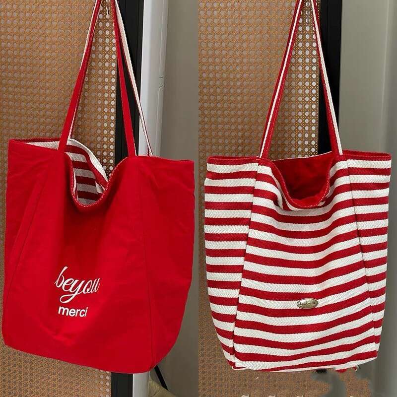 Striped Canvas 2025 New Korean Version Ins Casual Single Shoulder Large Capacity Tote Shopping Bag