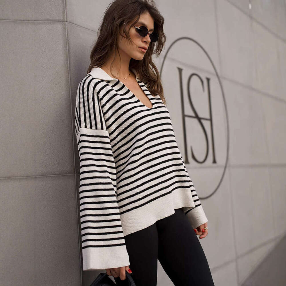 Black Sweater Autumn Winter New Turn-Down Collar Striped Long Sleeve Loose Pullover Knitwear For Women B5