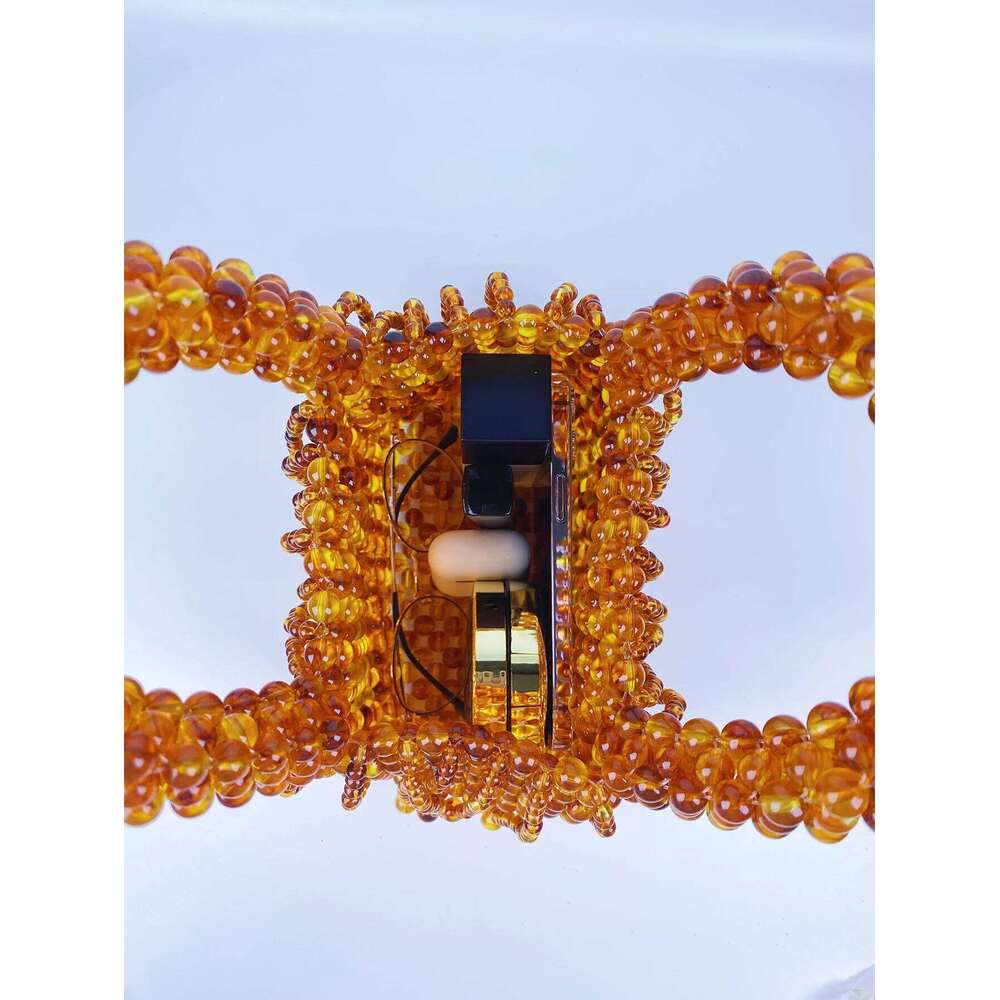 beaded woven bag amber acrylic cat eye beads retro handbag hollowed out pearl womens bag