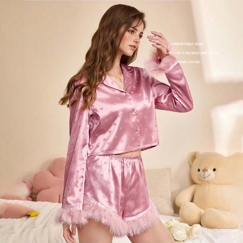 2025 New Women's Spring/Summer Silk Satin Heart Print Feather Patchwork Long Sleeve Short Pants Pajama Set