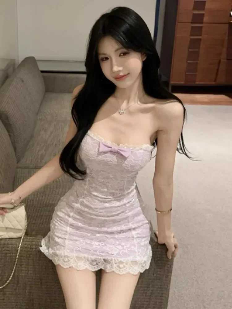 Ezgaga Dresses Women Sexy Strapless Lace Patchwork Bow Slim Stretch Elegant Backless Party Mini Dress Ladies Clubwear Sweet R250716