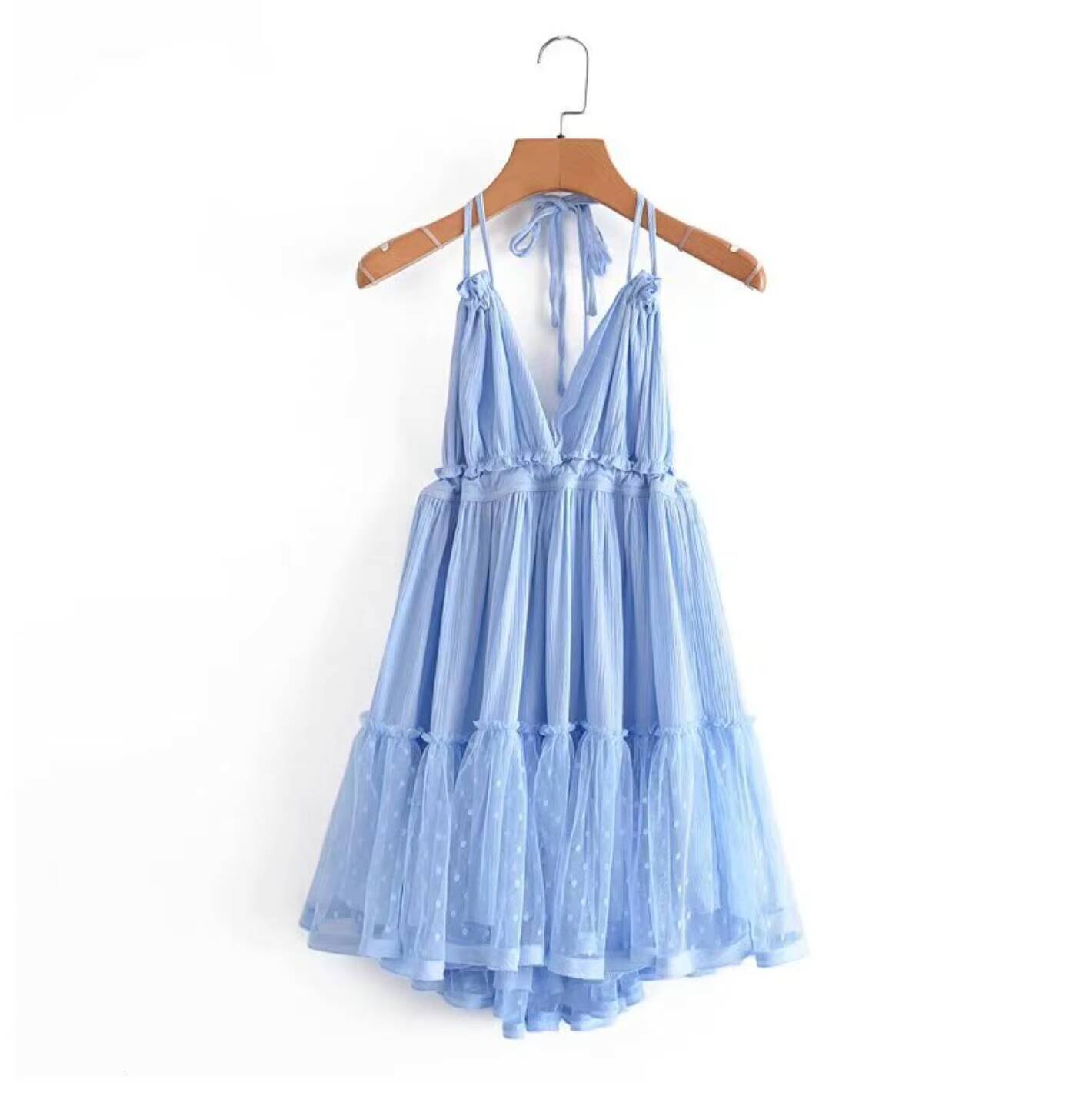 BOHO Women Lacing Up Bow Halter Collar Wood ears Patchwork Mesh Pleated Mini Dress Swing Hem Backless Holiday Robe dongdumaoyi