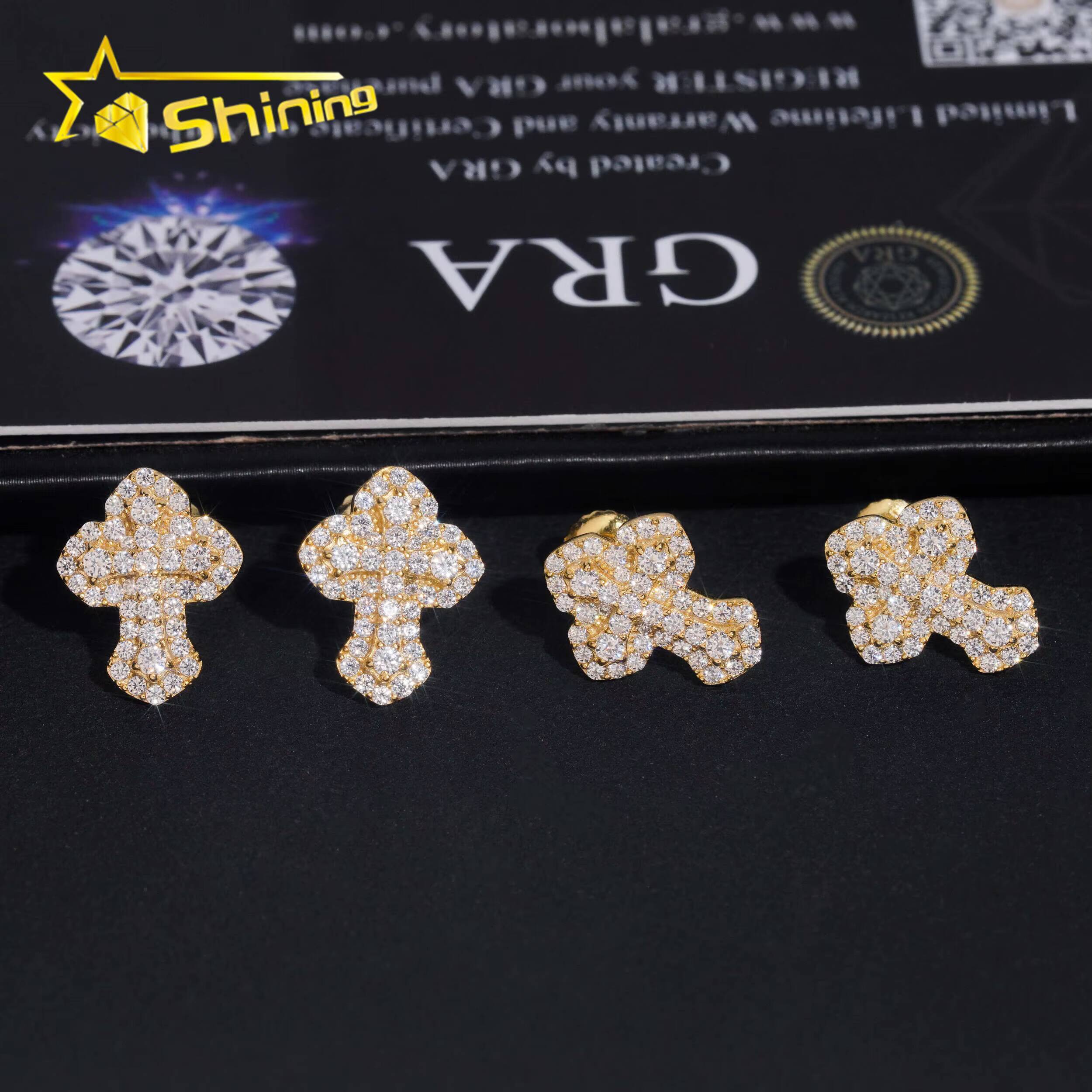 Fast Shipping Hip Hop Jewelry 925 Sterling Silver Gold Plated VVS Diamond Iced Out VVS Moissanite Cross Stud Earrings