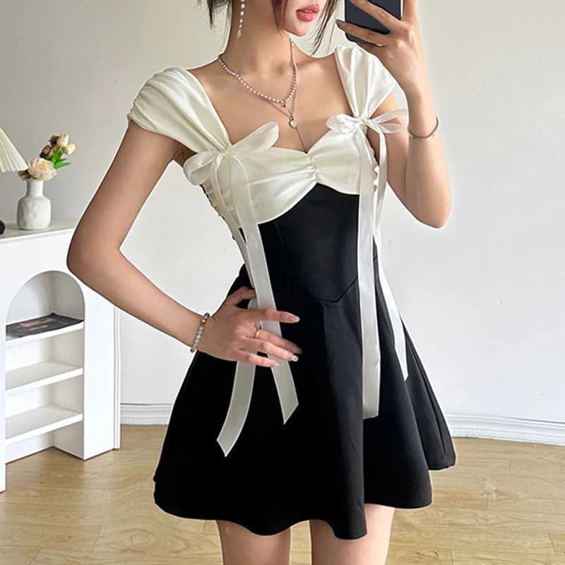 1amHoty Princess Patchwork A-line Dress for Birthday Party Holiday Double Bow Decorate Sleeveless Sundress Y2K Robe Korean Cute R250716