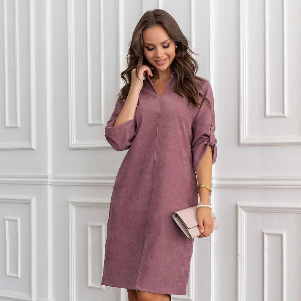 Corduroy Mid-Length Spring Summer Elegant Commuter Loose Turn-Down Collar Button Dress B5