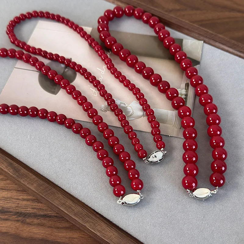 Red Round Glass Bead Necklace Retro Style Chain Simple Accessories 250712
