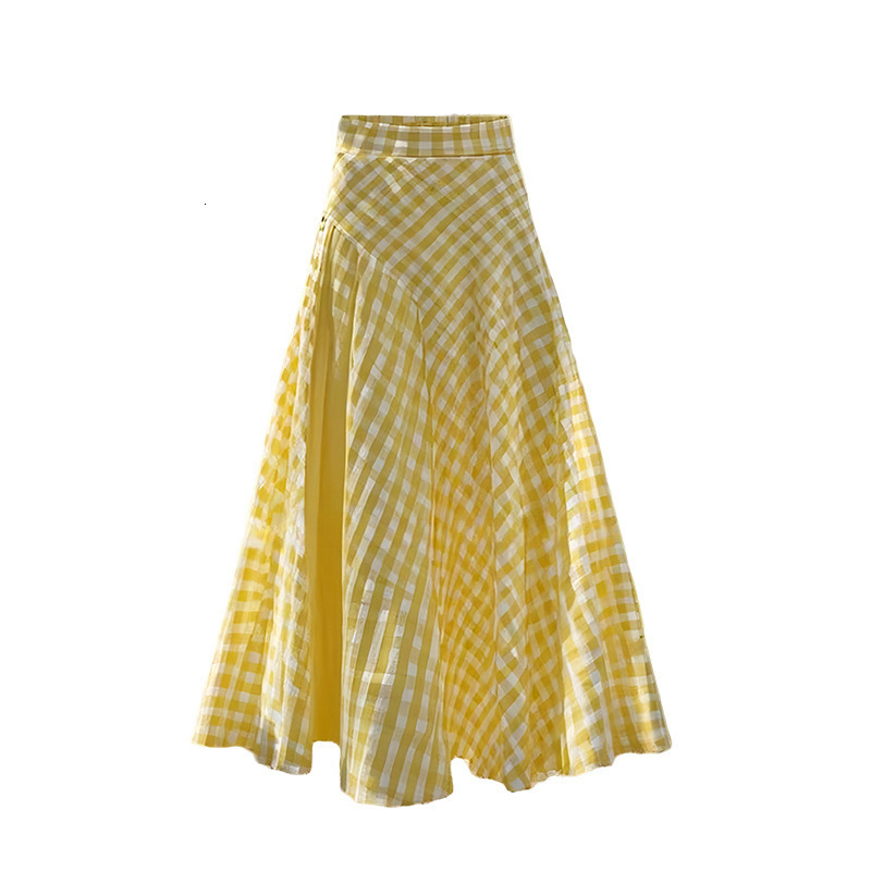 2025 Dopamine Yellow Waist-Cinching Plaid Design Long Skirt for Women New Fashion Trendy Summer Style