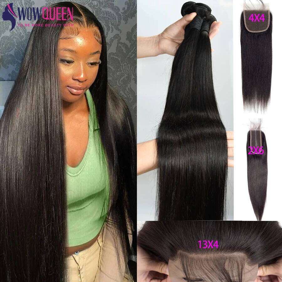 Straight Human Closure 2X6 4X4 Raw Brazilian Hair Extensions Weave 3 4 Bundles With 13X4 Transparent Frontal