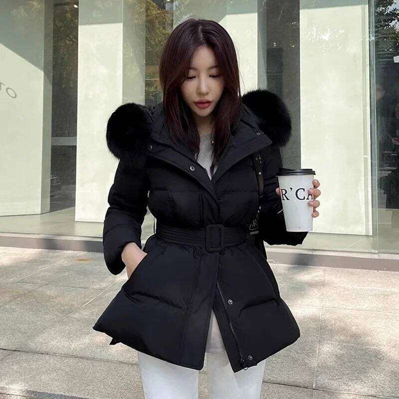 Hooded Detachable Fur Collar Abrigos Invierno Lace Up Tunic 2025 Woman Outerwears Long Sleeve Parkas Korean Style Jacket Coats