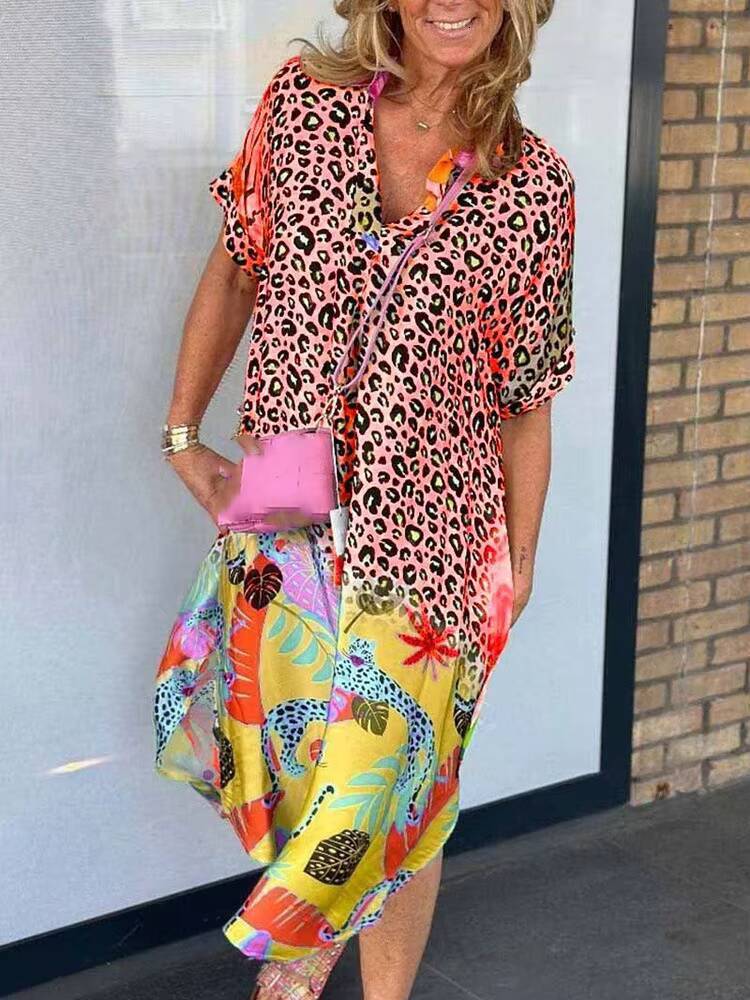 Summer New Womens V-neck Printed Loose Dress Fashion Elegant Holiday Casual Dresses Female Beach Party Vestidos dongdumaoyi