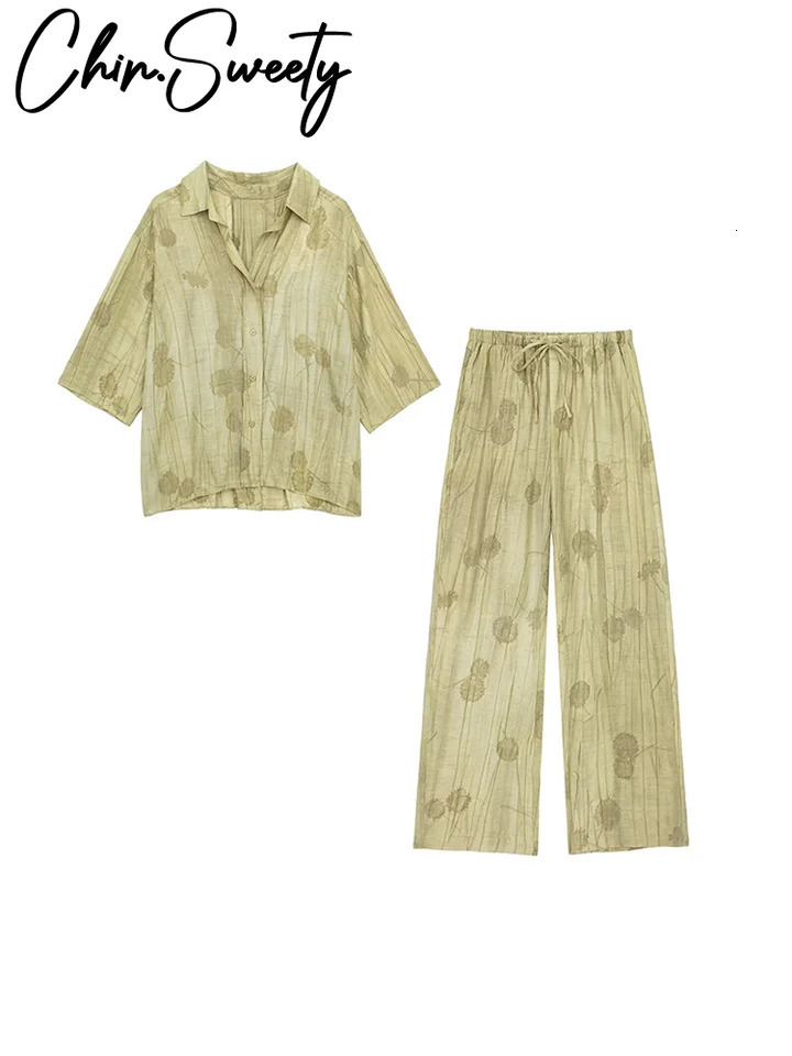 Casual Jacquard Shirt Pants Suit Women Lapel Half Sleeve Button Shirts Wide Leg Pant Suits Female Summer Lady Streetwear Set 250715
