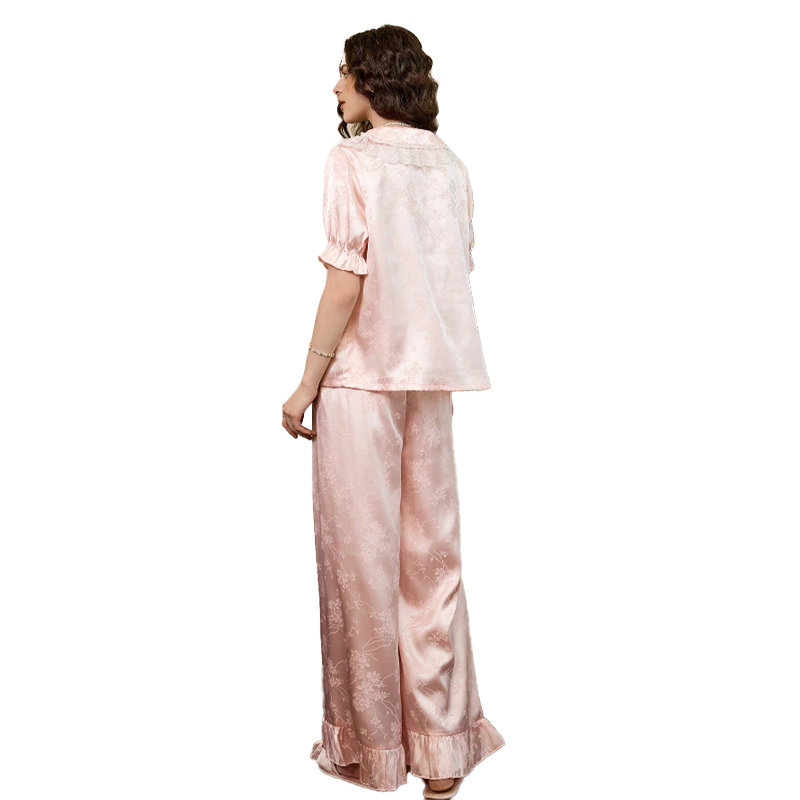 2025 New Women's Spring/Summer Silk Satin Lace Trim Bow Short Sleeve Long Pants Pajama Set Homewear
