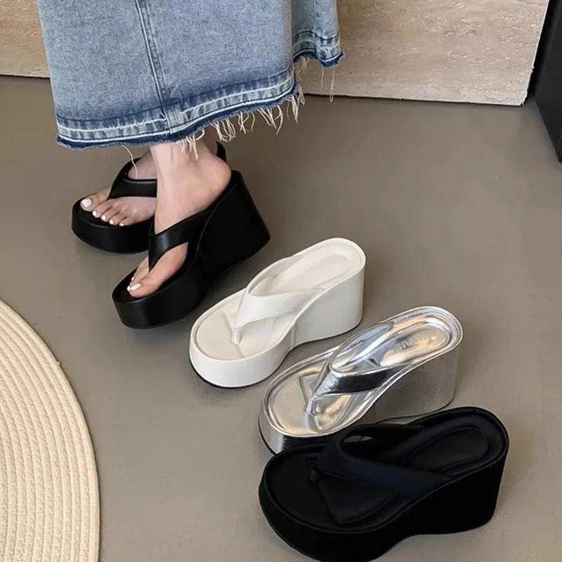 Summer Chunky Woman Slippers Fashion Platform Wedges High Heel Silvery Ladies Shoes Zapatillas De Mujer 250712