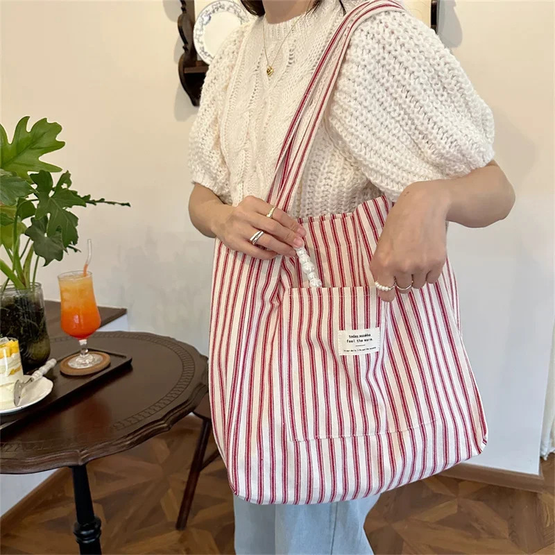 Shoulder Bag Large Capacity Canvas Bag for Women Causal Striped Shopping Lightweight Commuting Shoulder Bags 250714