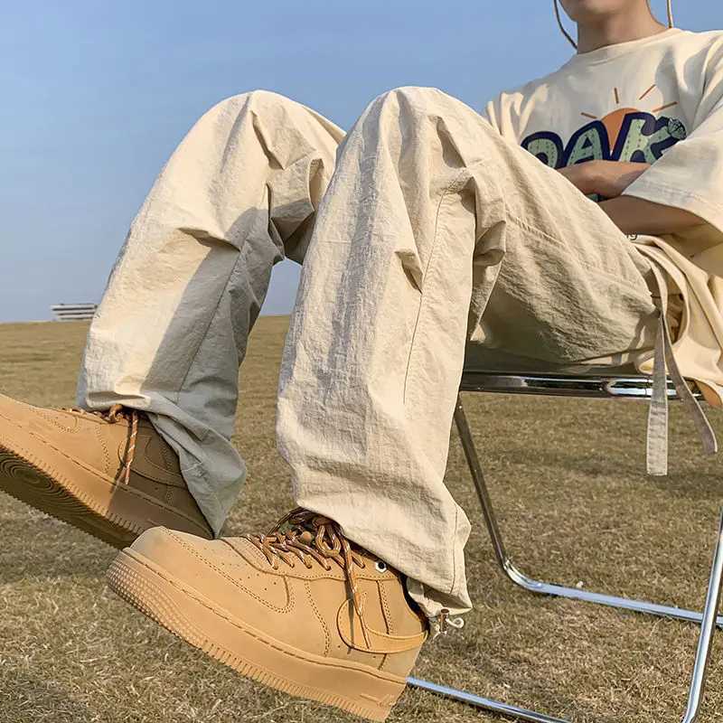 High Street Fashion Summer Casual Pants Men Solid Elastic Waist Drawstring Pocket Ice Silk Quick Drying Loose Straight Trousers y250716