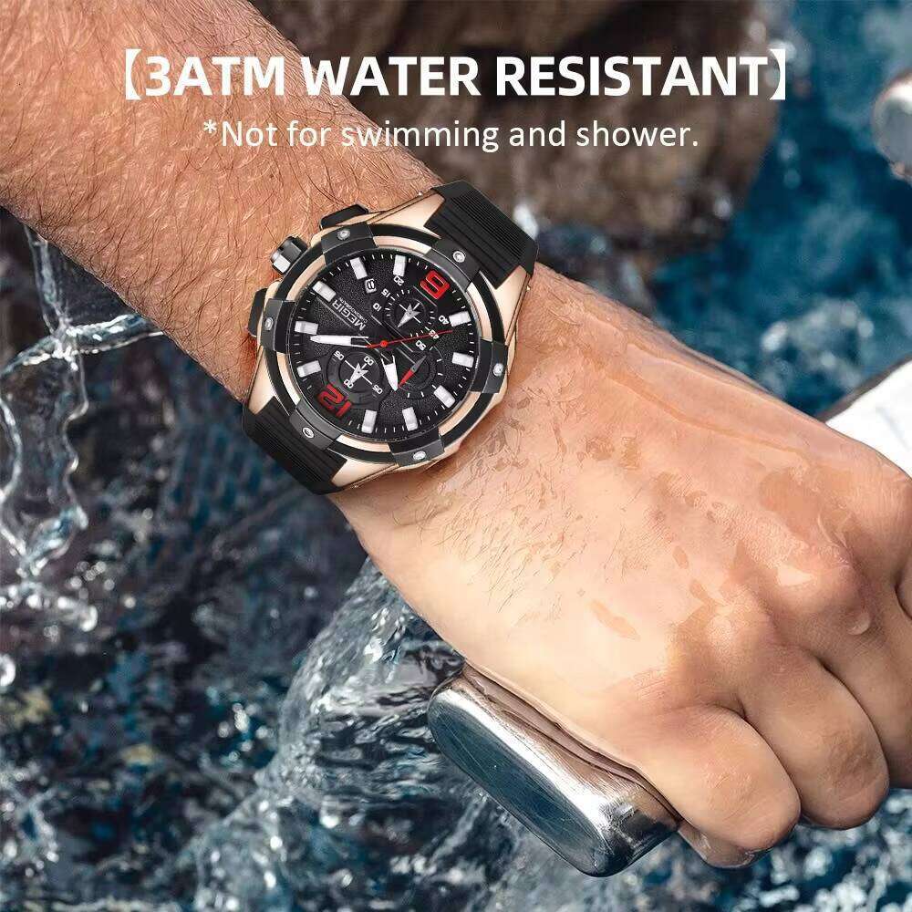 DHwatches MEGIR 2161 Big Dial Watch for Men Silicone Strap Multifunction Chronograph Quartz Solar Watches Waterproof Sport Luminous Date