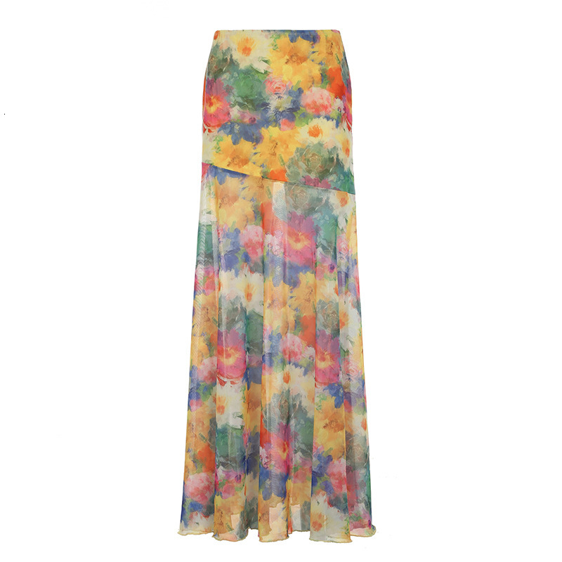 2025 Summer Color Oil Painting Style Gradient Print Mesh Bodycon Skirt for Women Color-Block Slimming Ruffled Hem Midi