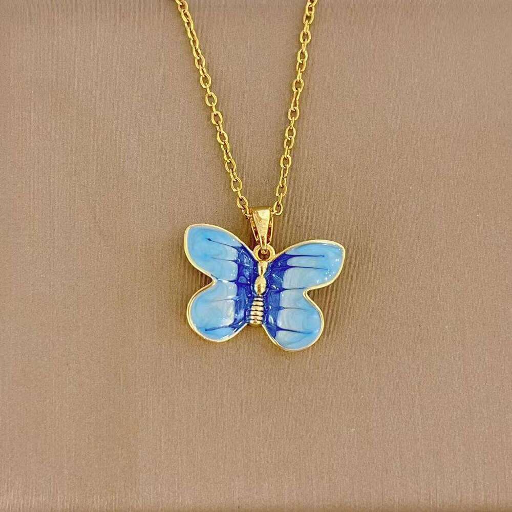 Fresh Colorful Butterfly Necklace Korean Style Simple Titanium Steel Collarbone Chain Summer Women's Fashion Accessories 2A7
