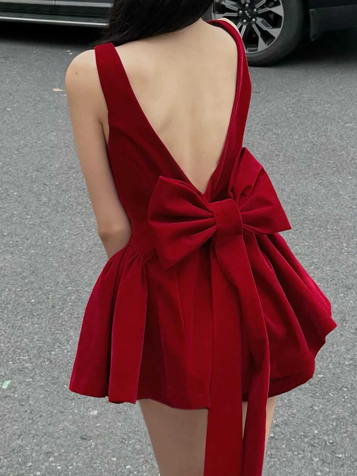 1M SURE French Style Slim Bow Backless A-Line Dress Sexy Square Collar Sleeveless Mini Dresses For Women 2025 Summer Fashion R250716