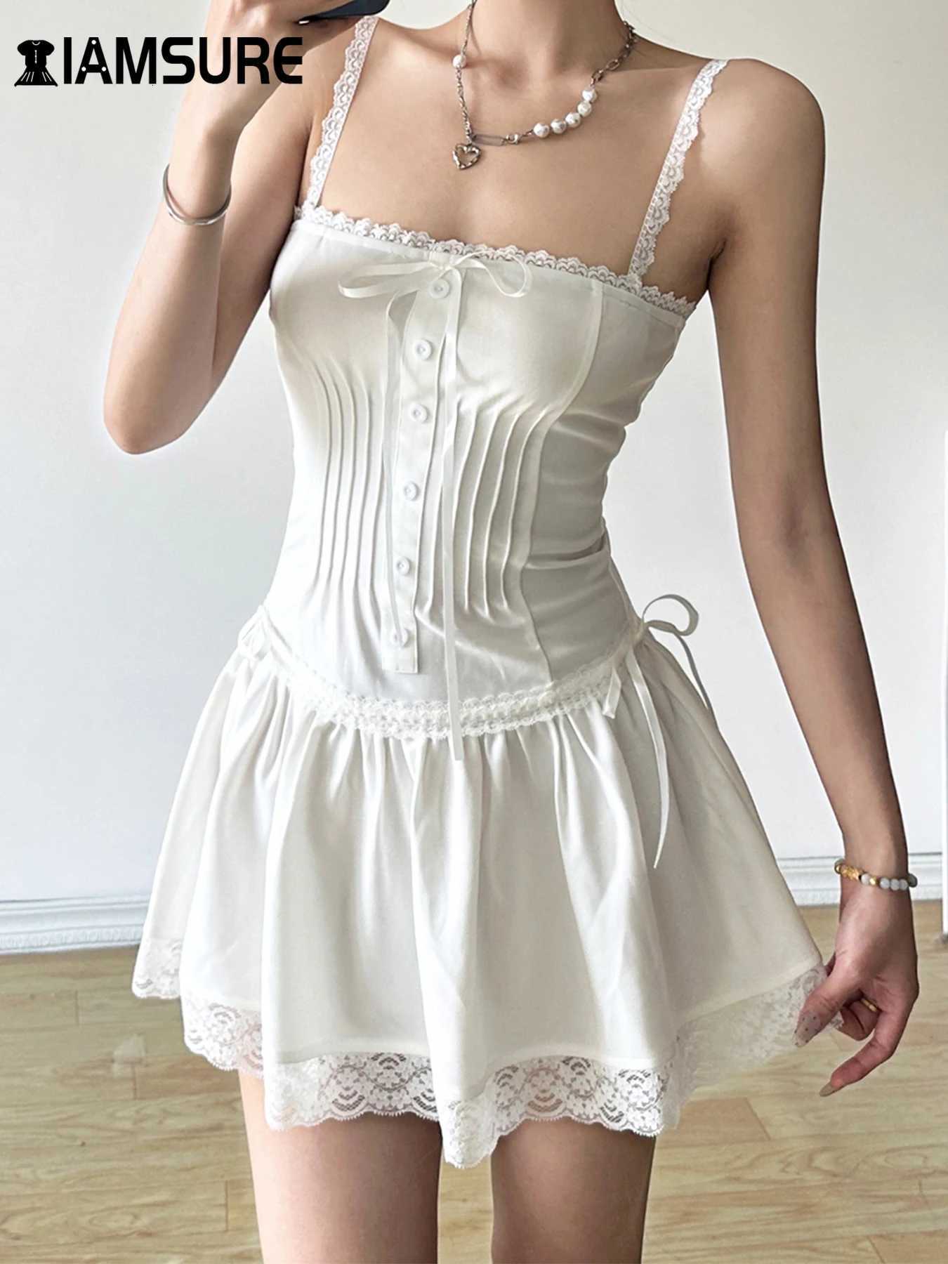 1Masure Vintage Lace Trim Bandage A-Line Dress Sexy Slim Slash Neck Sleeveless Mini Dresses for Women 2024 Summer Fashion Ladies R250716