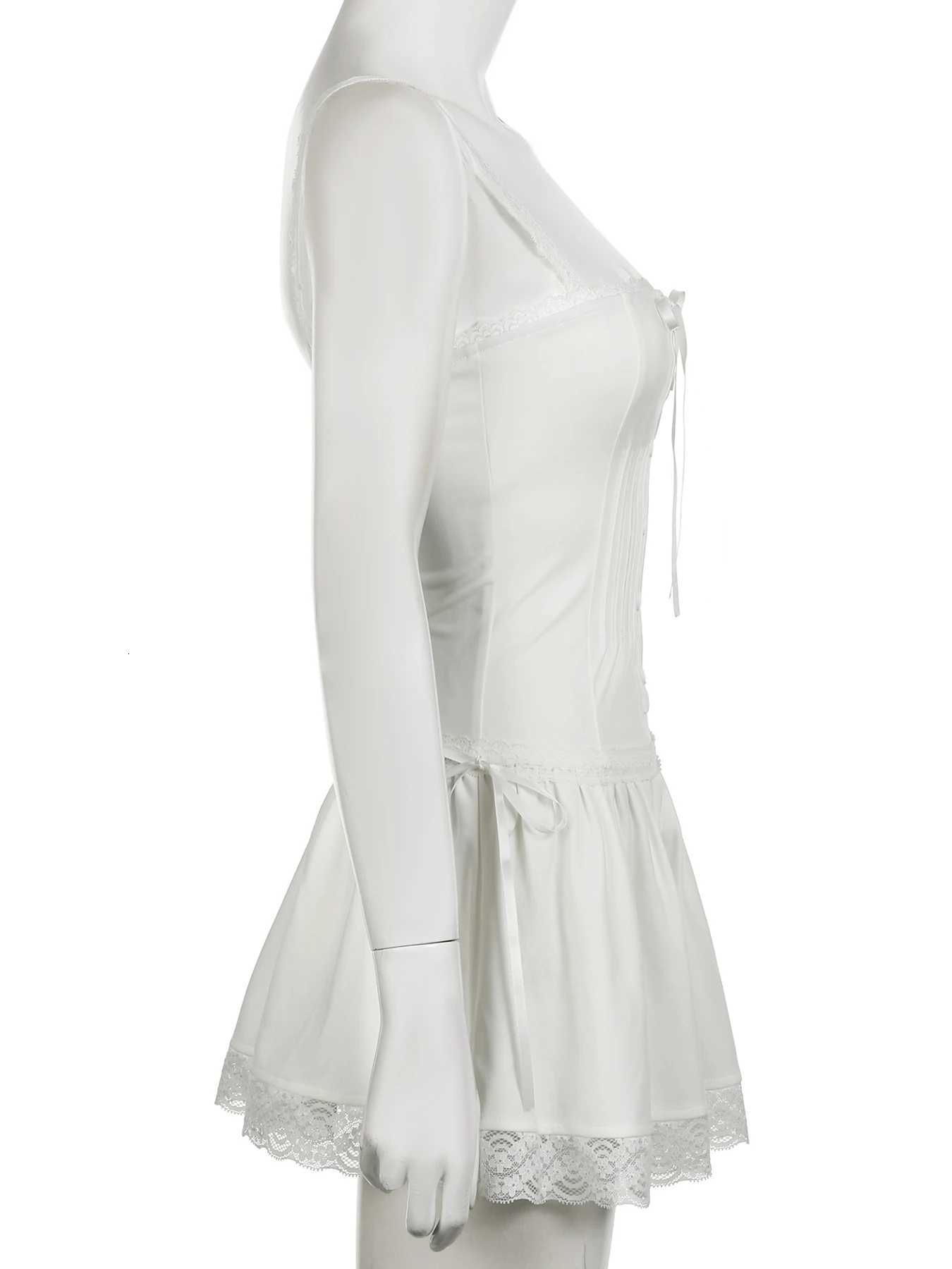 1Masure Vintage Lace Trim Bandage A-Line Dress Sexy Slim Slash Neck Sleeveless Mini Dresses for Women 2024 Summer Fashion Ladies R250716