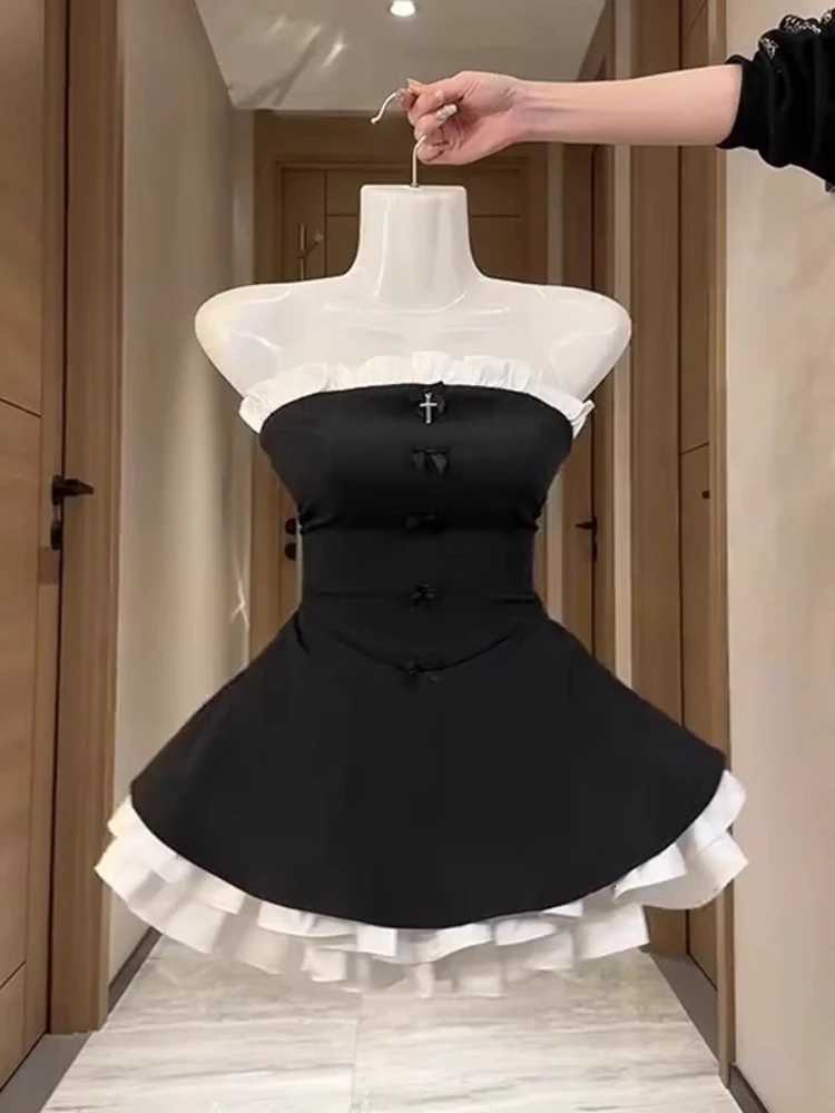 Summer New Vintage Elegant Woman Dress Strapless Bow Patchwork High Waist Puffy Mini Dress Female French Chic Sexy Outfits 2025 R250716