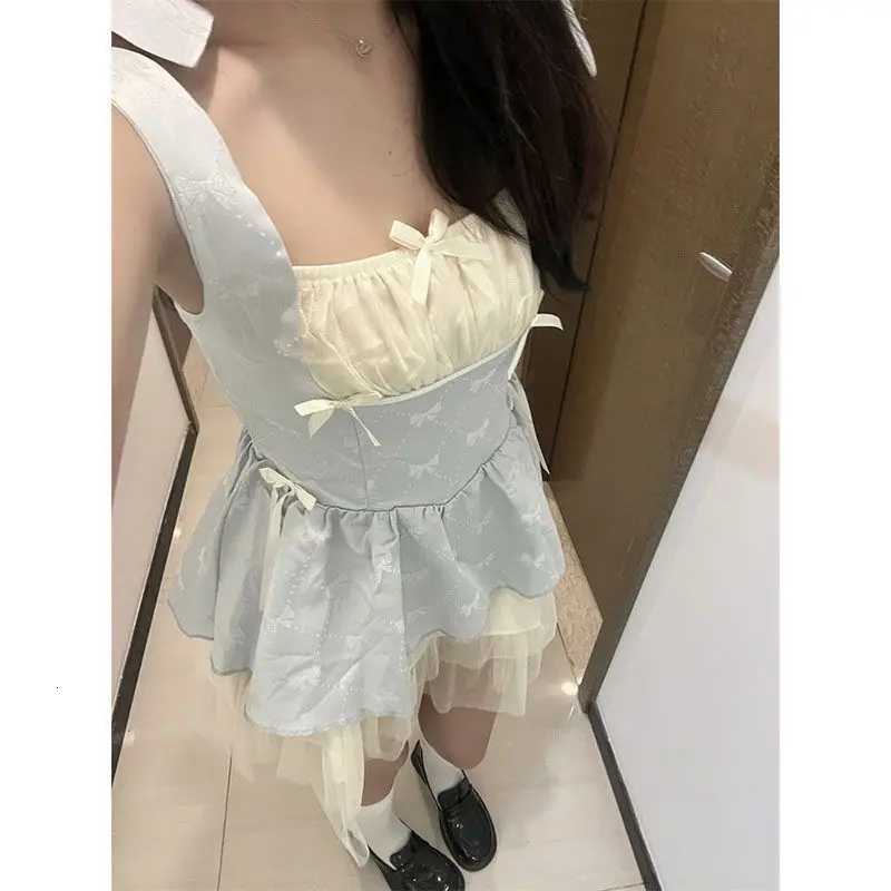 2025 Summer Women Popular Temperament Lace Bow Slim Fit Design Splicing Dress Gagarich Sweet Princess Waist Cinched Cute Fluffy R250716