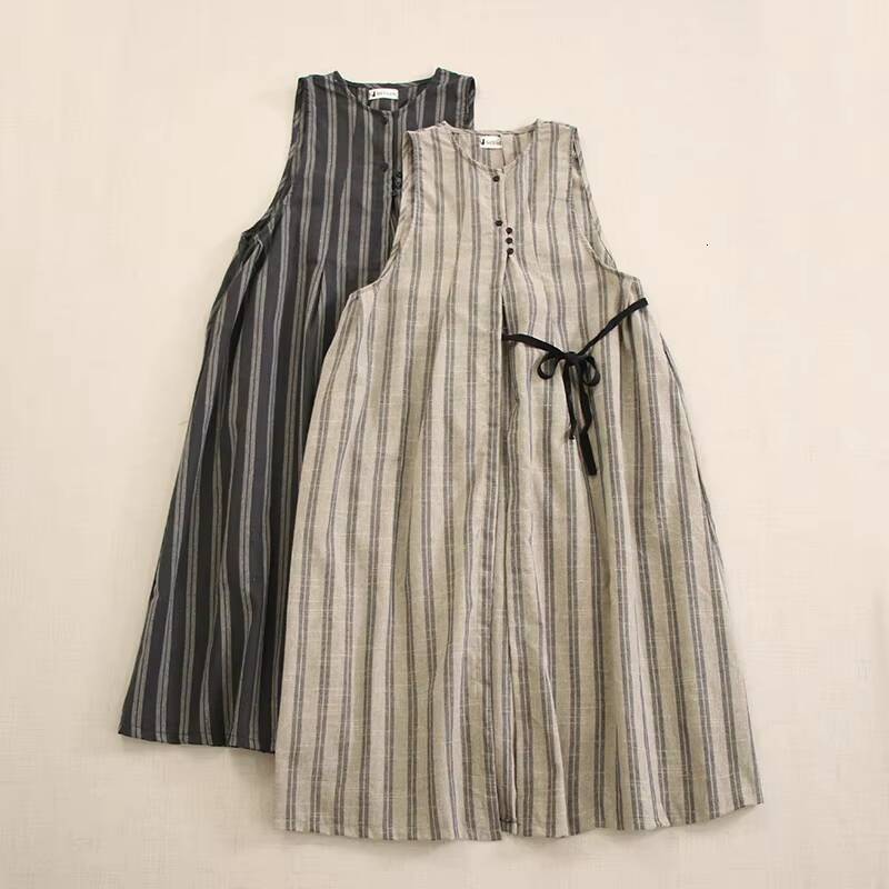 Japanese Mori Girl Asymmetry Vintage Striped Belt Tank Dress Women Summer O-Neck Sleeveless Csual Loose Cotton Midi Dresses dongdumaoyi